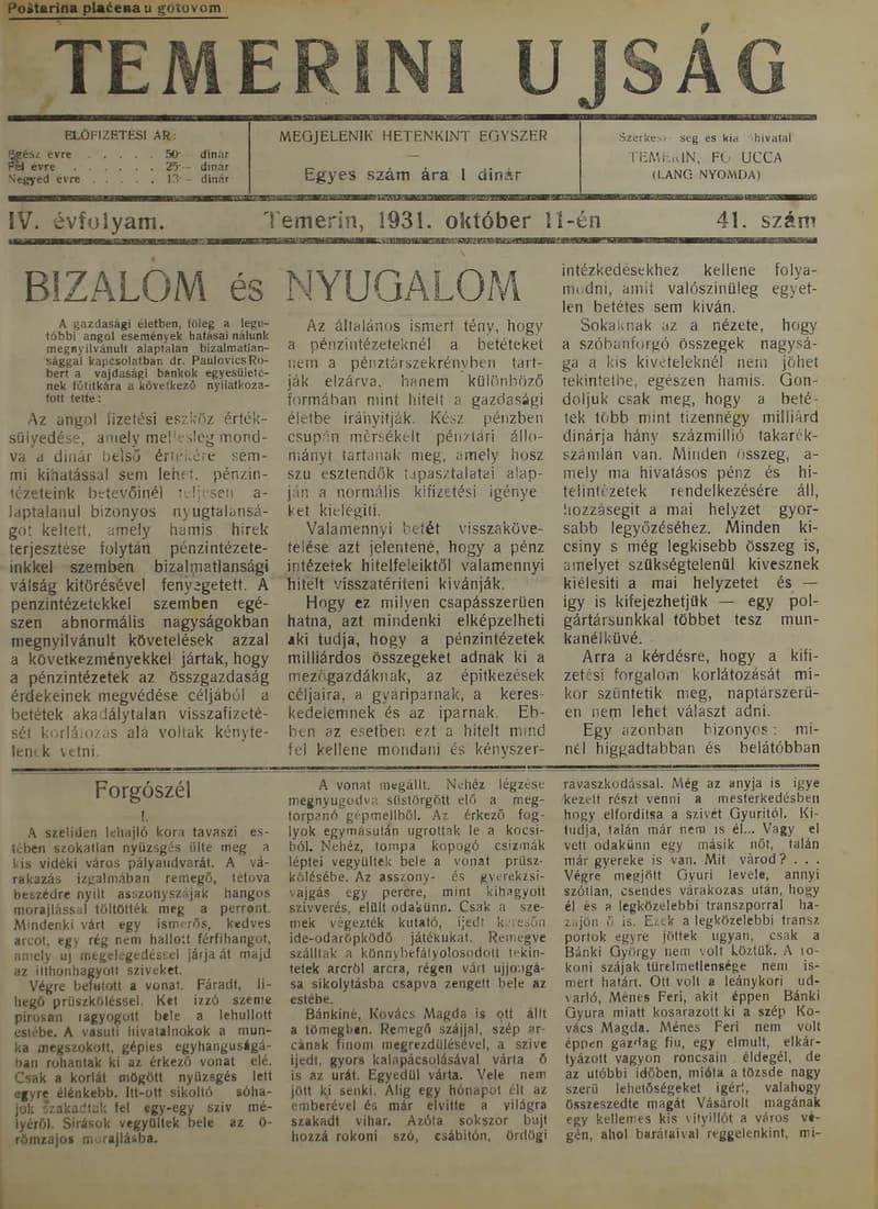 Temerini Újság 1928-1944, 4. évf. 1931. október 11. 41. sz.