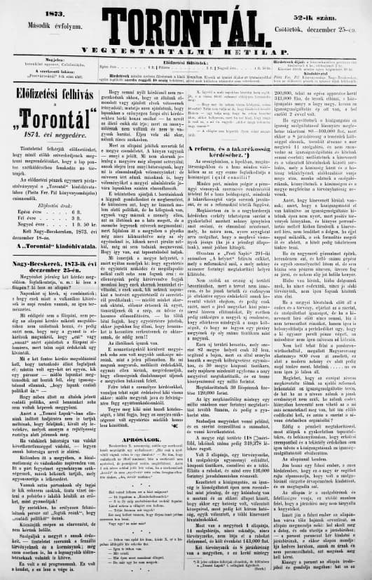 Torontál, 2. évf. 1873. december 25. 52. sz.