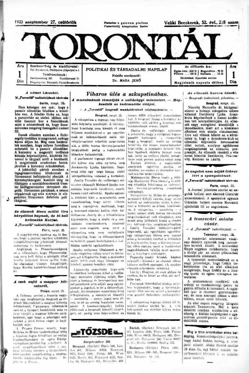 Torontál, 52. évf. 1923. szeptember 27. 218. sz.