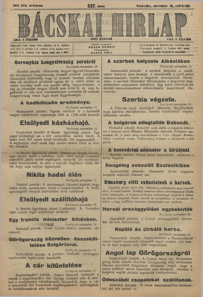 Bácskai Hirlap, 19. évf. 1915. november 18. 527. sz.