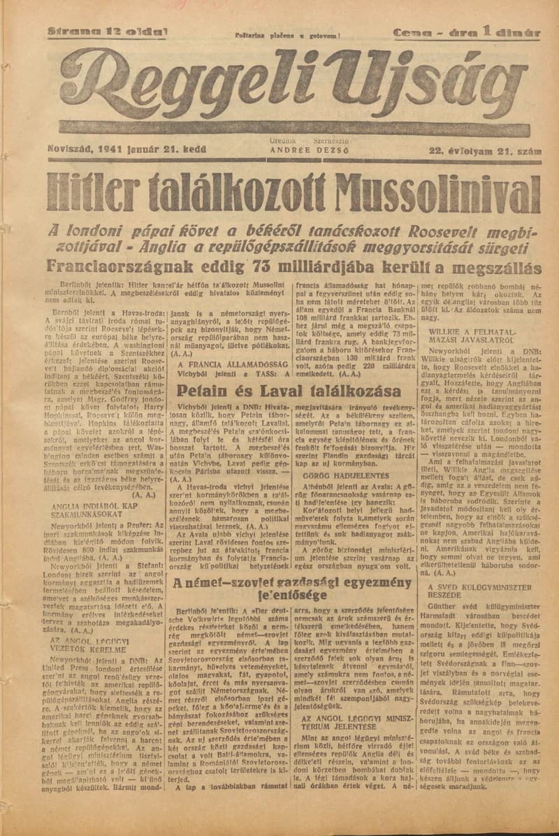 Reggeli Újság, 22. évf. 1941. január 21. 21. sz.