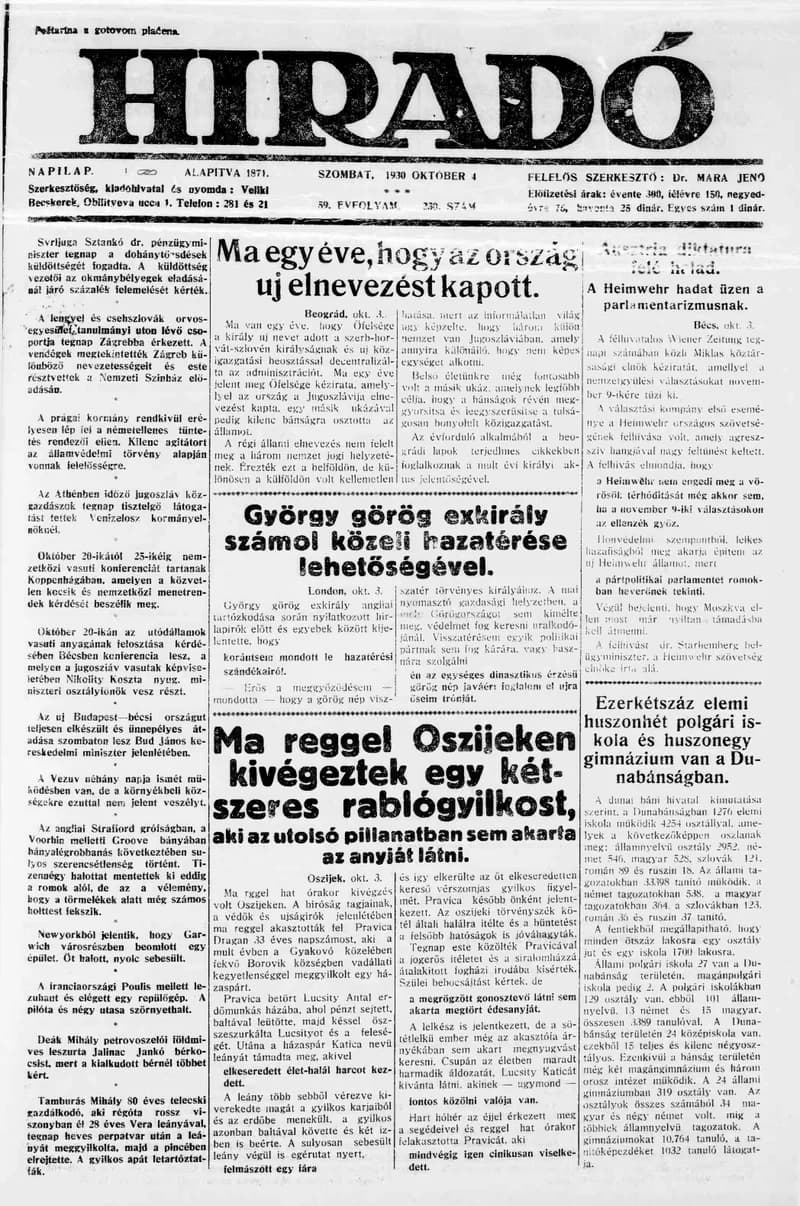 Híradó, 59. évf. 1930. október 4. 230. sz.