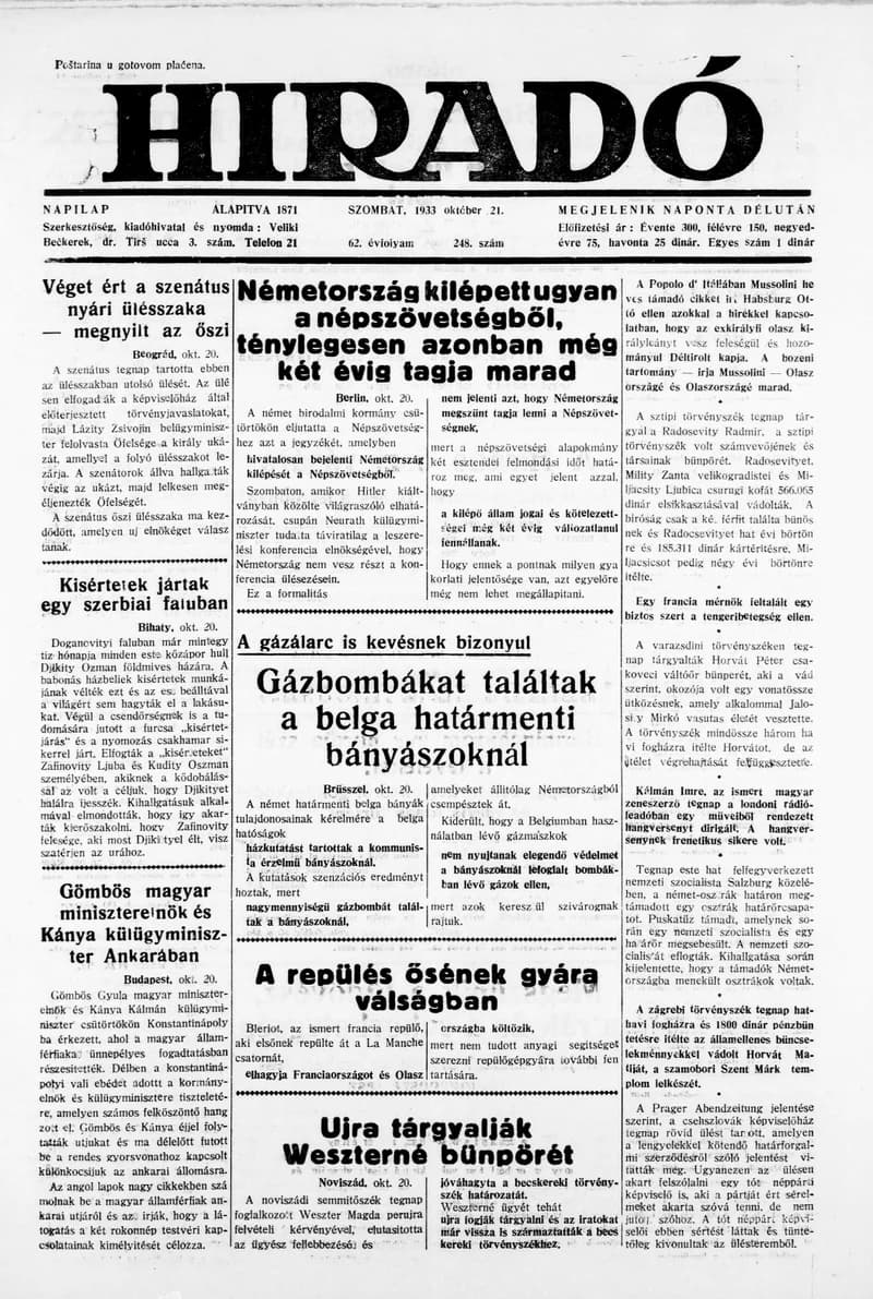 Híradó, 62. évf. 1933. október 21. 248. sz.
