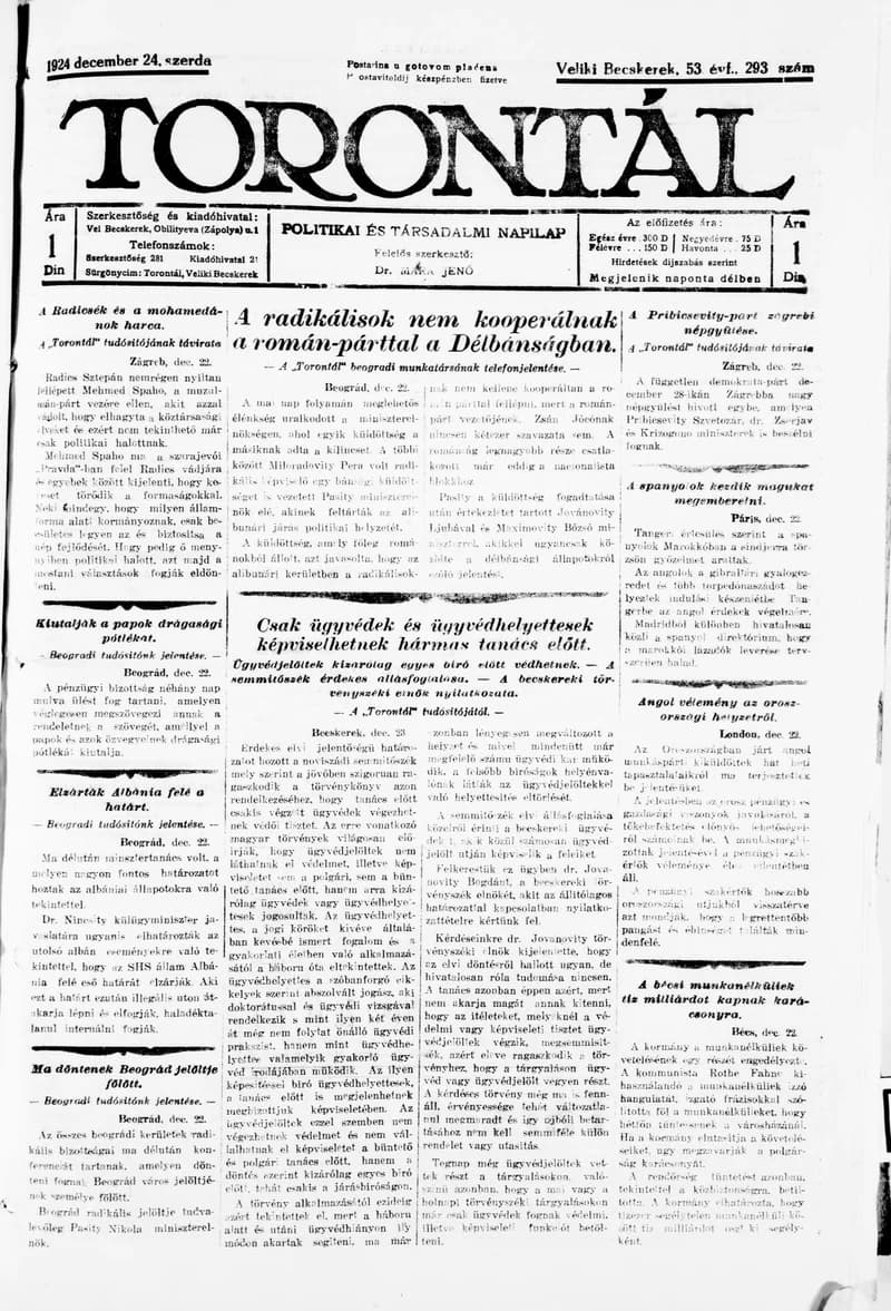 Torontál, 53. évf. 1924. december 24. 293. sz.