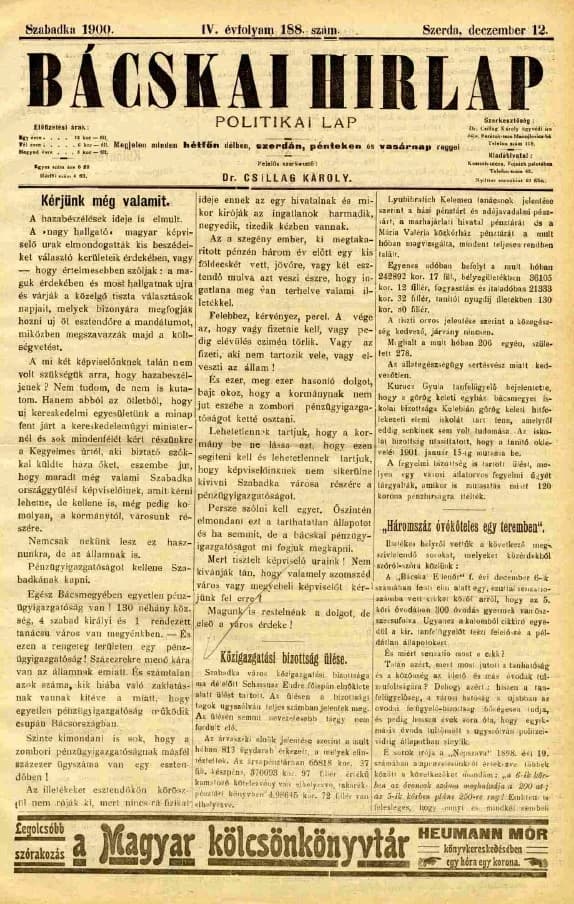 Bácskai Hirlap, 4. évf. 1900. december 12. 188. sz.