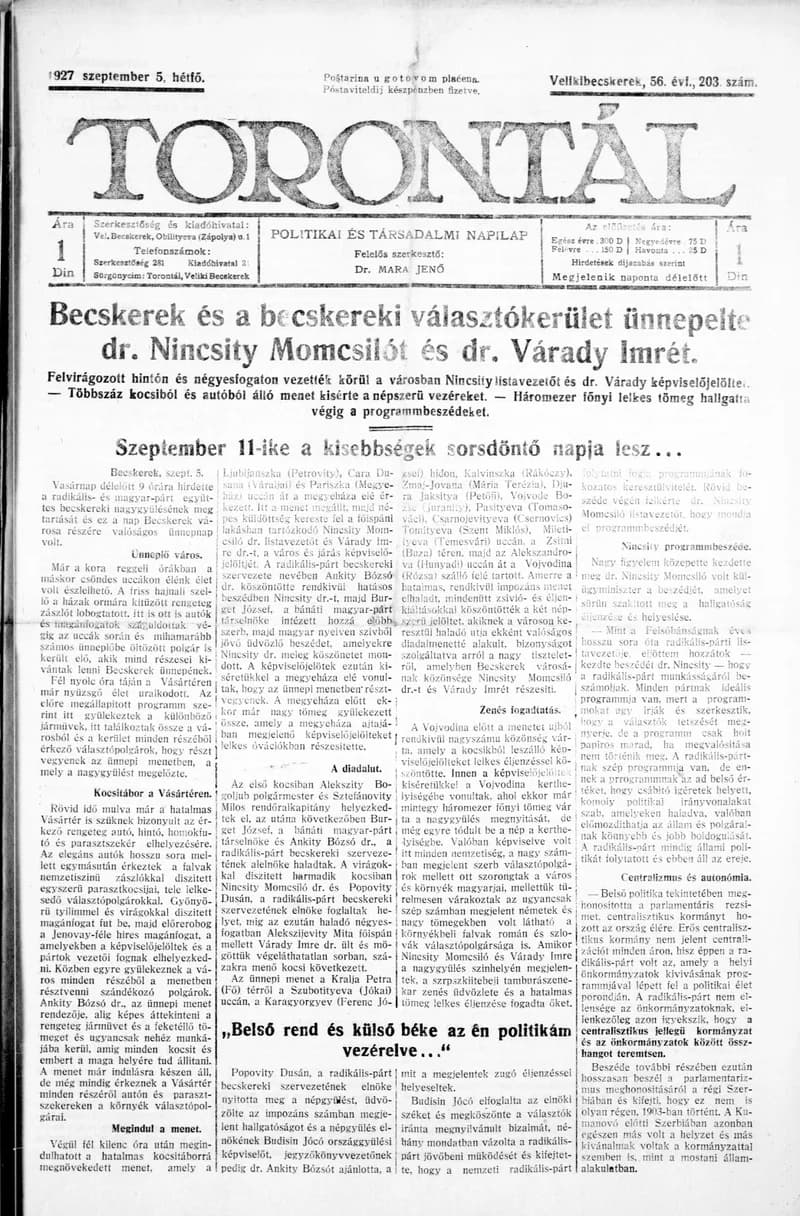 Torontál, 56. évf. 1927. szeptember 5. 203. sz.