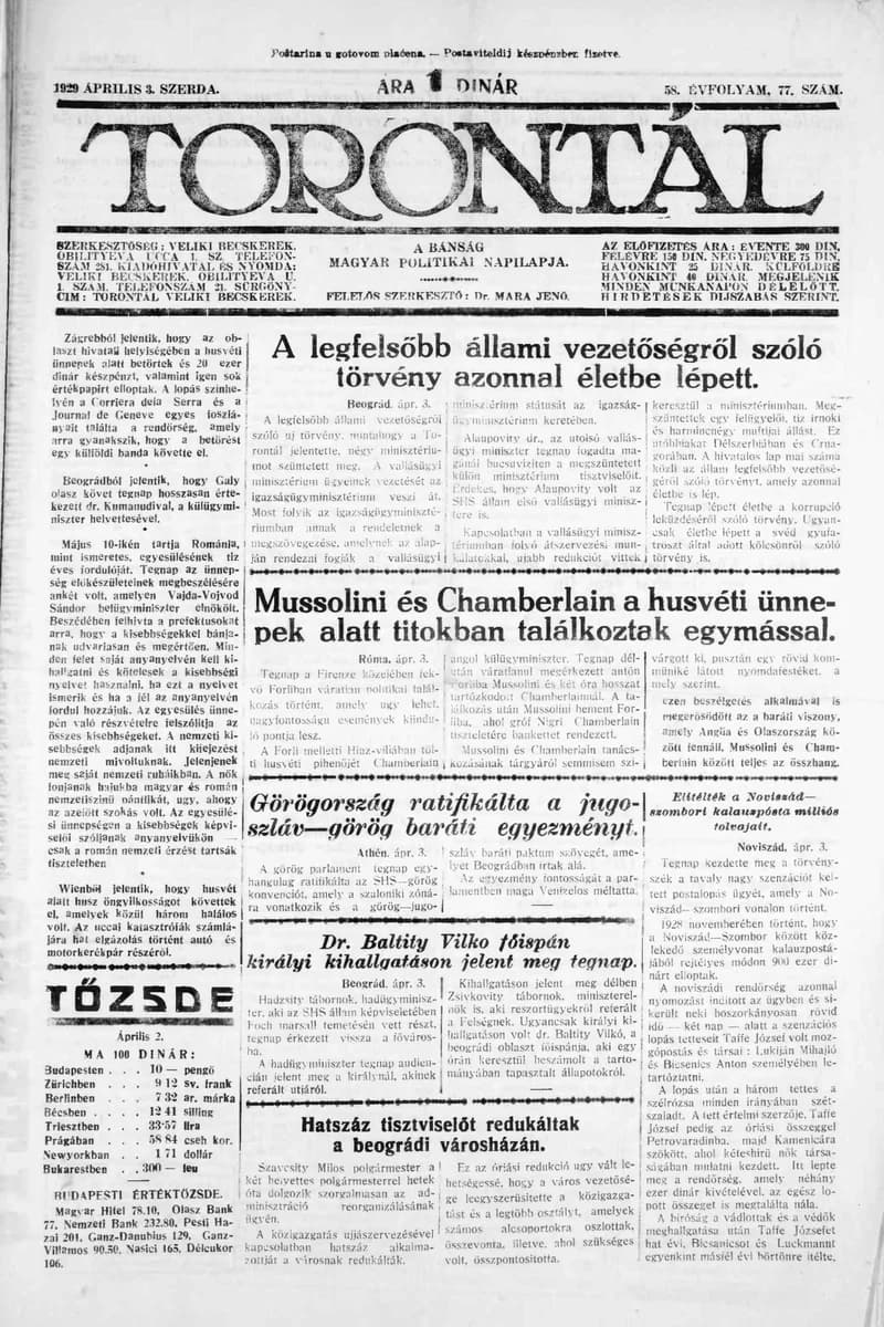 Torontál, 58. évf. 1929. április 3. 77. sz.