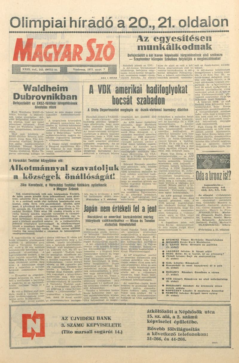 Magyar Szó, 29. évf. 1972. szeptember 3. 243. sz. 1–28. oldal