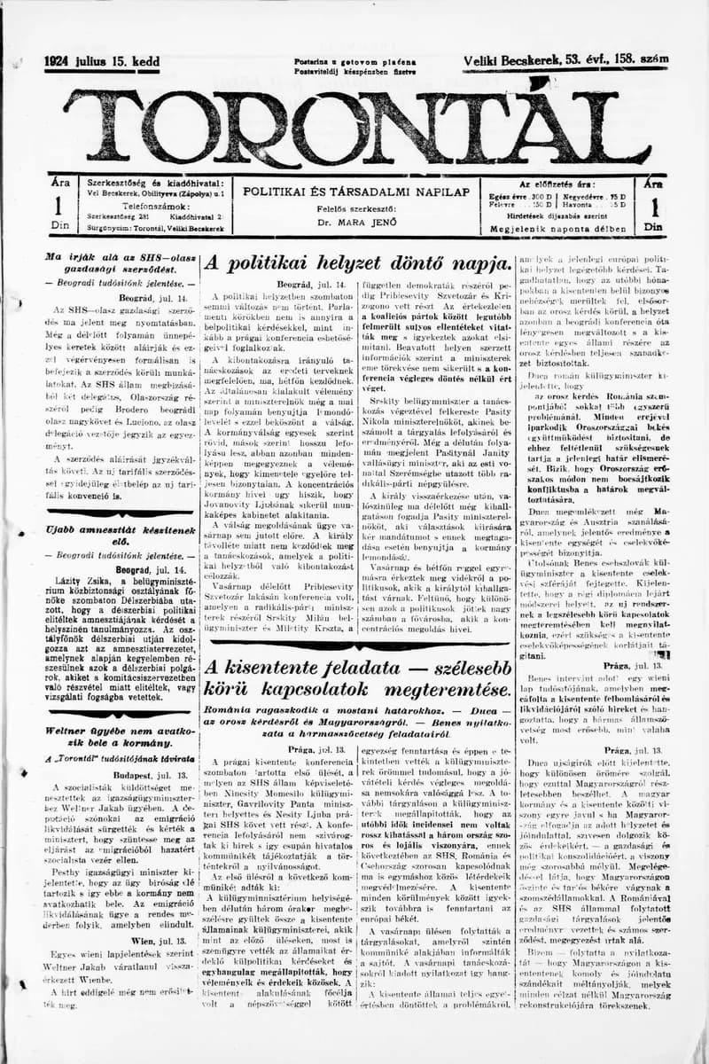 Torontál, 53. évf. 1924. július 15. 158. sz.