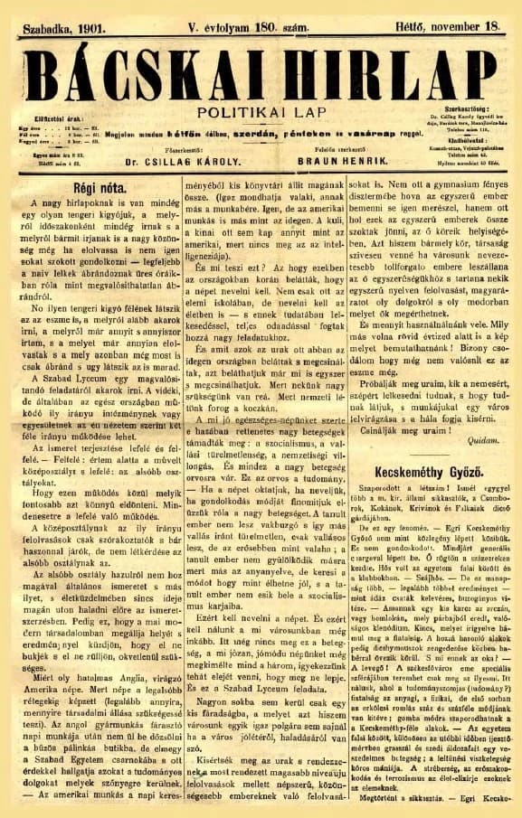 Bácskai Hirlap, 5. évf. 1901. november 18. 180. sz.