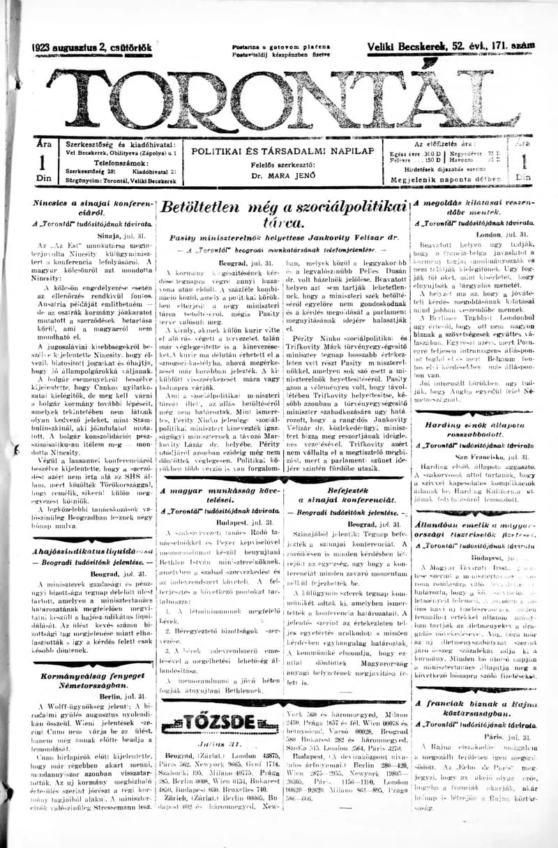 Torontál, 52. évf. 1923. augusztus 2. 171. sz.