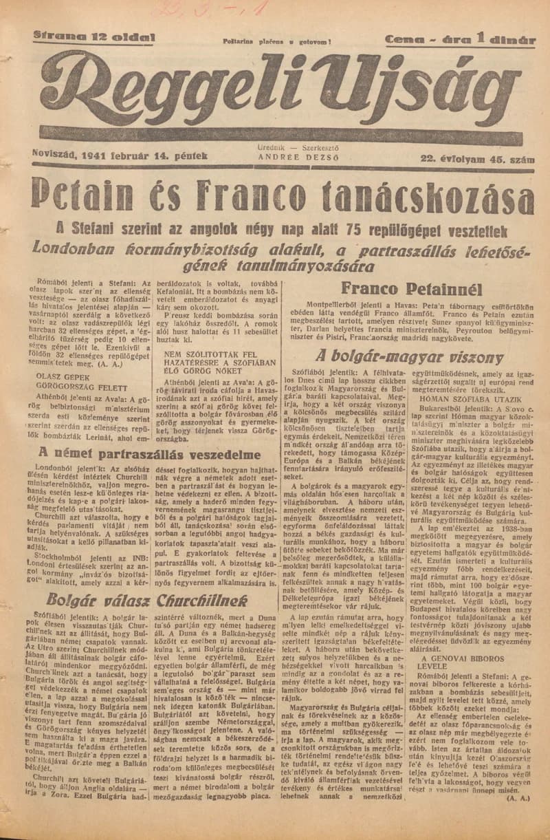 Reggeli Újság, 22. évf. 1941. február 14. 45. sz.
