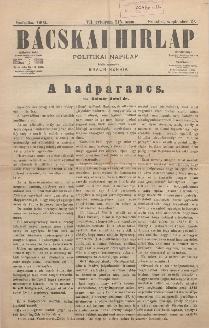 Bácskai Hirlap, 7. évf. 1903. szeptember 19. 215. sz.