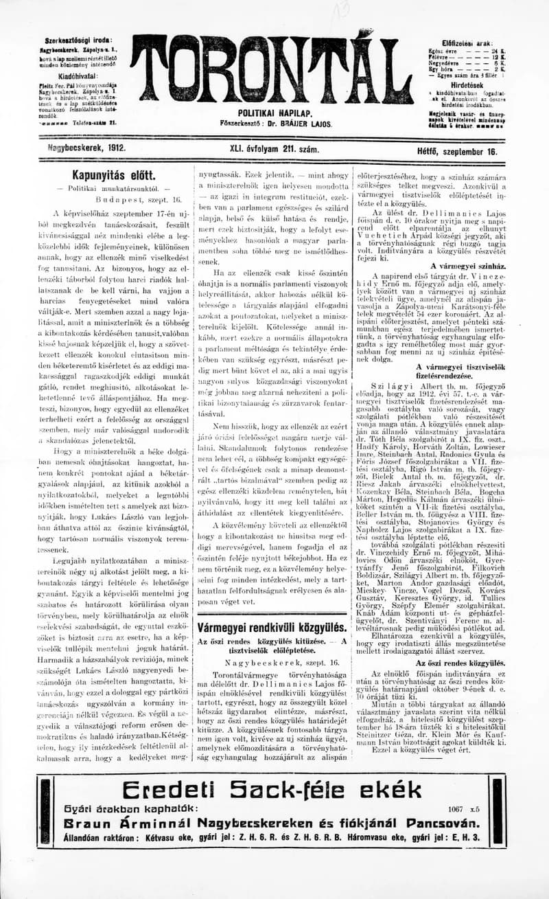 Torontál, 41. évf. 1912. szeptember 16. 211. sz.