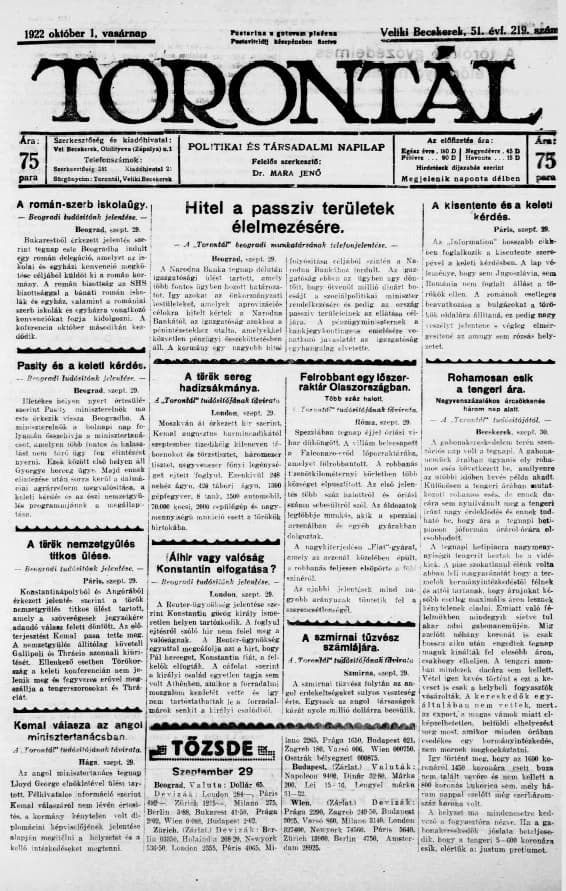Torontál, 51. évf. 1922. október 1. 219. sz.