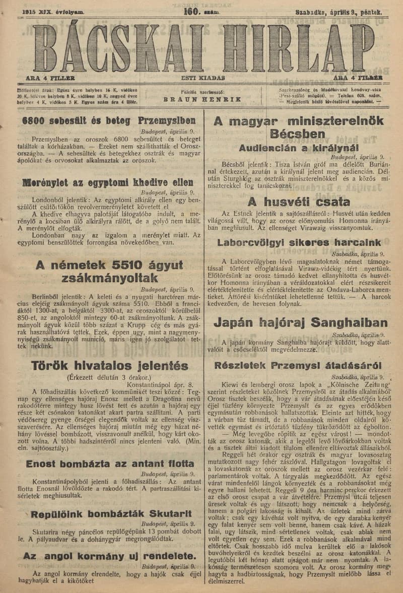 Bácskai Hirlap, 19. évf. 1915. április 9. 160. sz.