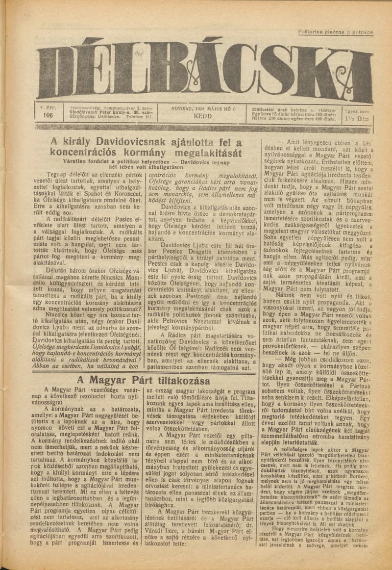 Délbácska, 5. évf. 1924. május 6. 106. sz.