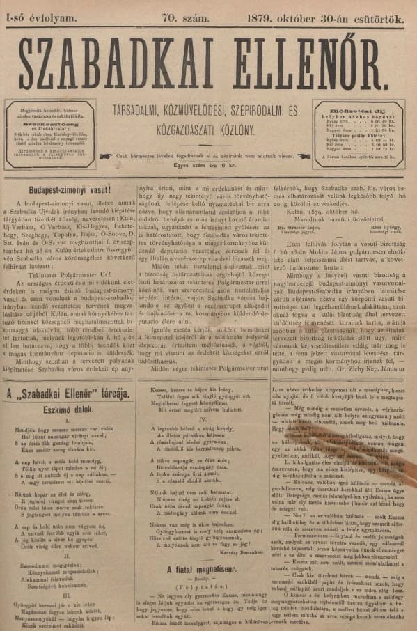 Szabadkai Ellenőr, 1. évf. 1879. október 30. 70. sz.
