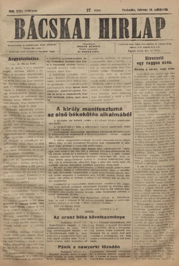 Bácskai Hirlap, 22. évf. 1918. február 14. 37. sz.