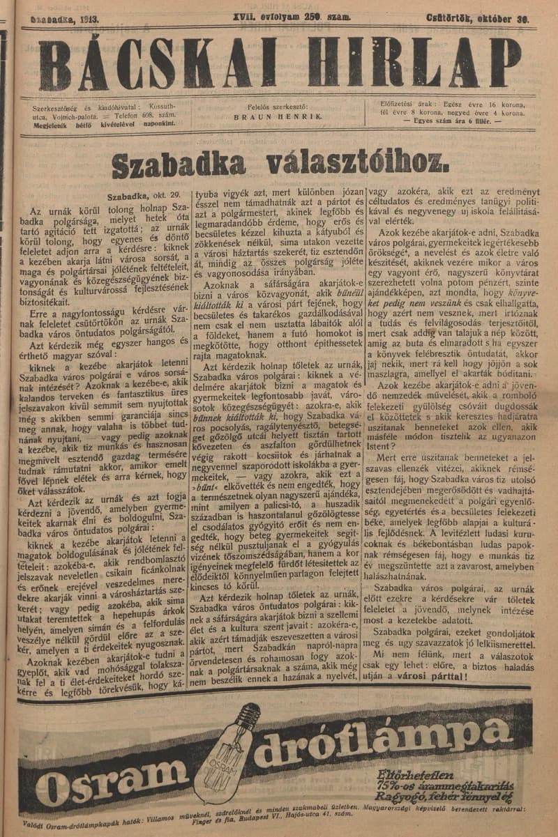Bácskai Hirlap, 17. évf. 1913. október 30. 250. sz.