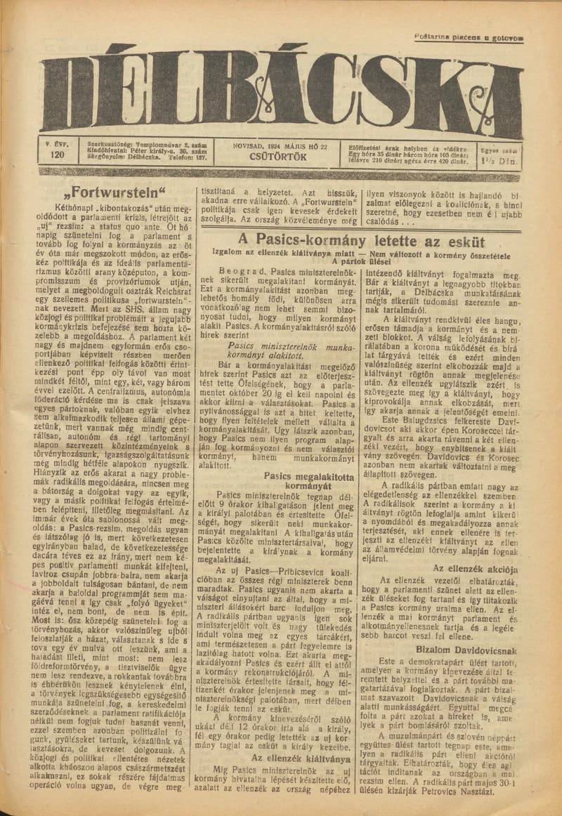 Délbácska, 5. évf. 1924. május 22. 120. sz.
