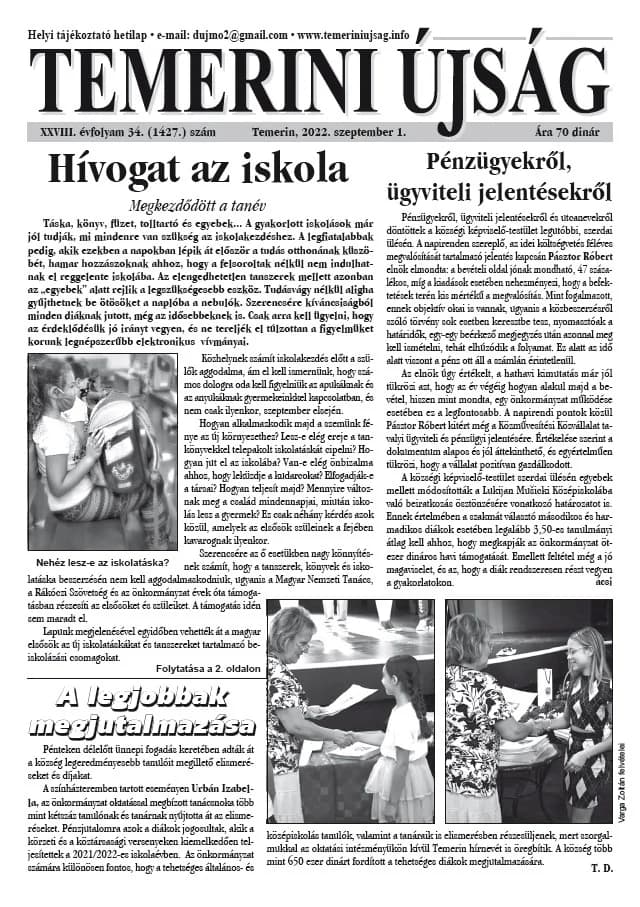 Temerini Újság, 28. évf. 2022. szeptember 1. 34. sz.