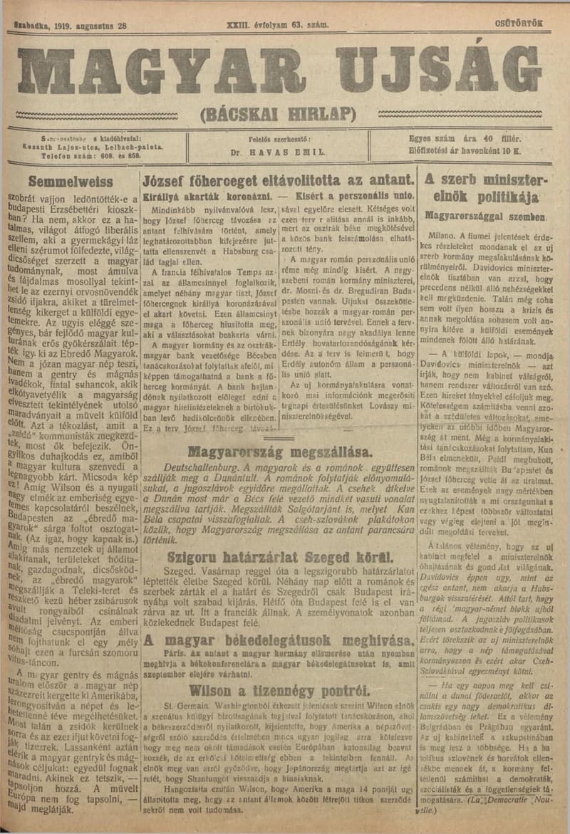 Bácskai Hirlap, 23. évf. 1919. augusztus 28. 63. sz.