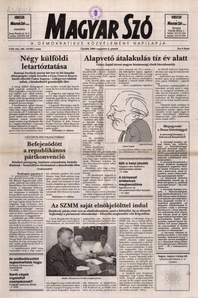 Magyar Szó, 57. évf. 2000. augusztus 4. 182. sz. 1–16. oldal