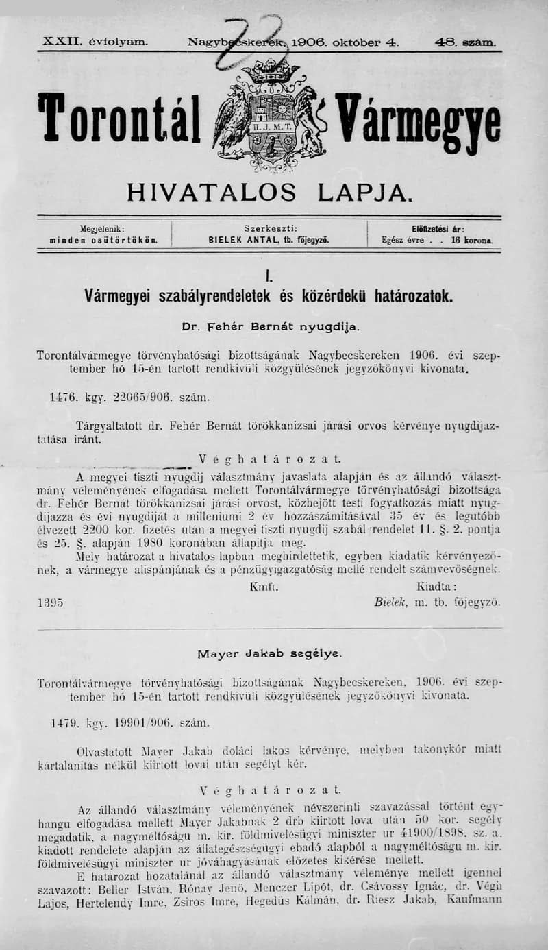 Torontál Vármegye Hivatalos Lapja, 22. évf. 1906. október 4. 48. sz.