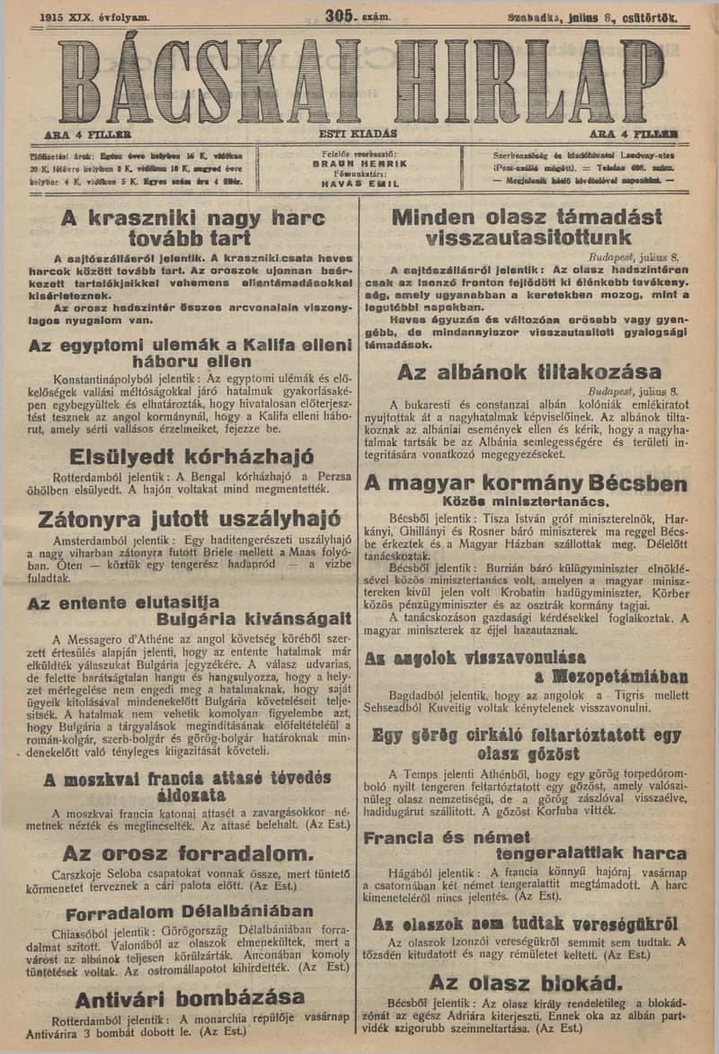 Bácskai Hirlap, 19. évf. 1915. július 8. 305. sz.