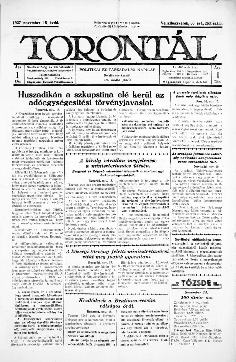 Torontál, 56. évf. 1927. november 15. 263. sz.