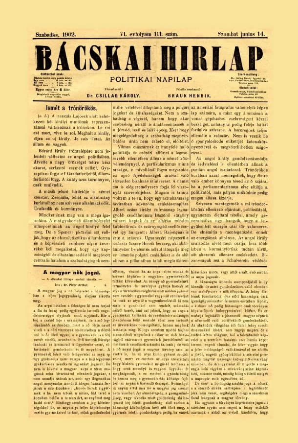Bácskai Hirlap, 6. évf. 1902. június 14. 111. sz.