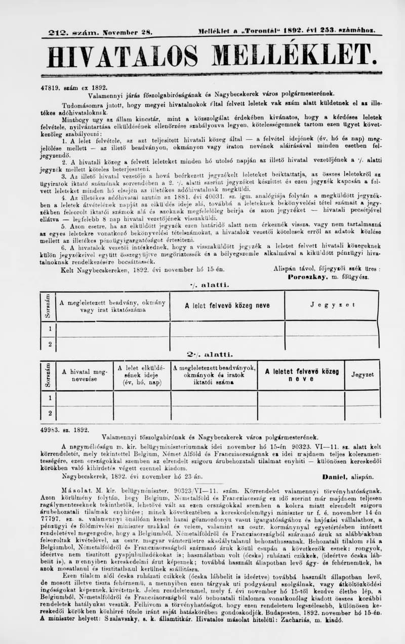 A Totontál  hivatalos melléklete, 5. évf. 1892. november 28. 212. sz.