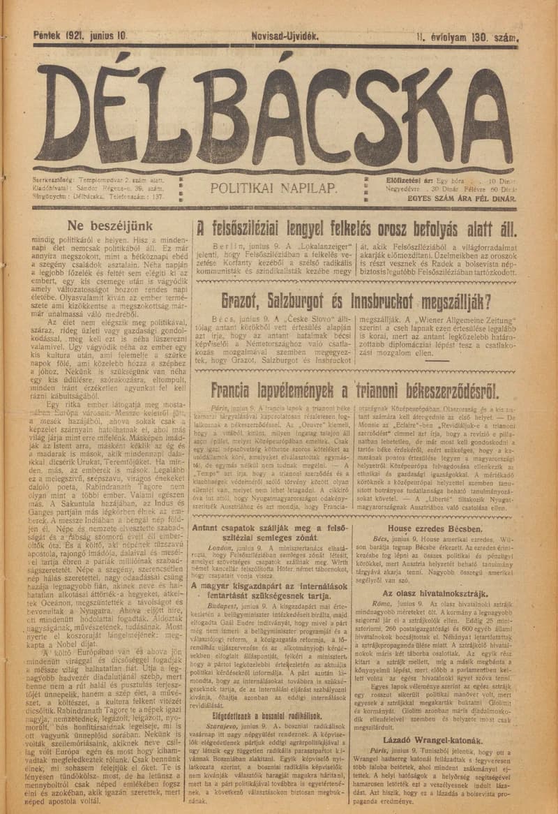 Délbácska, 2. évf. 1921. június 10. 130. sz.