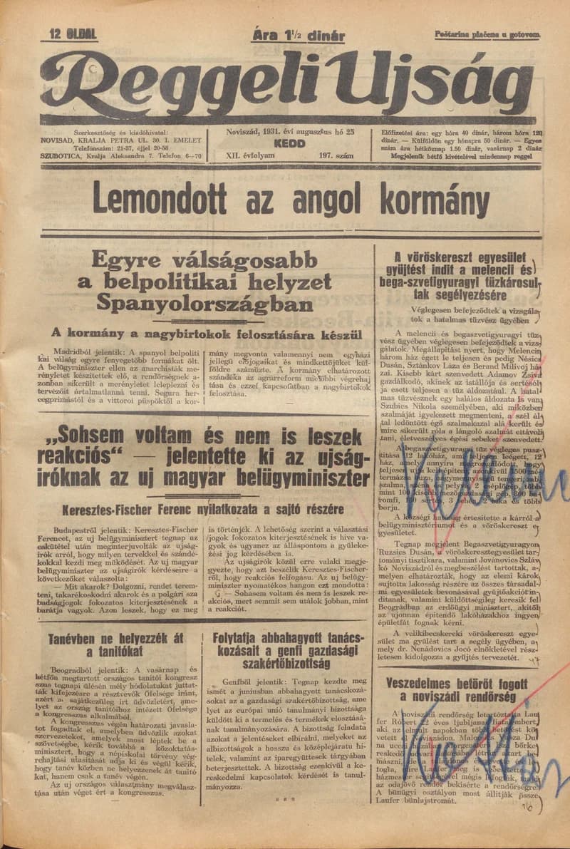 Reggeli Újság, 12. évf. 1931. augusztus 25. 197. sz.
