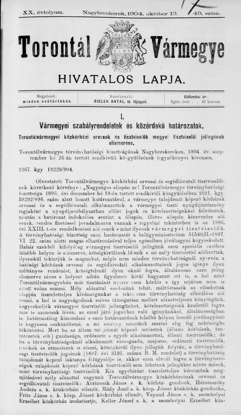 Torontál Vármegye Hivatalos Lapja, 20. évf. 1904. október 13. 49. sz.
