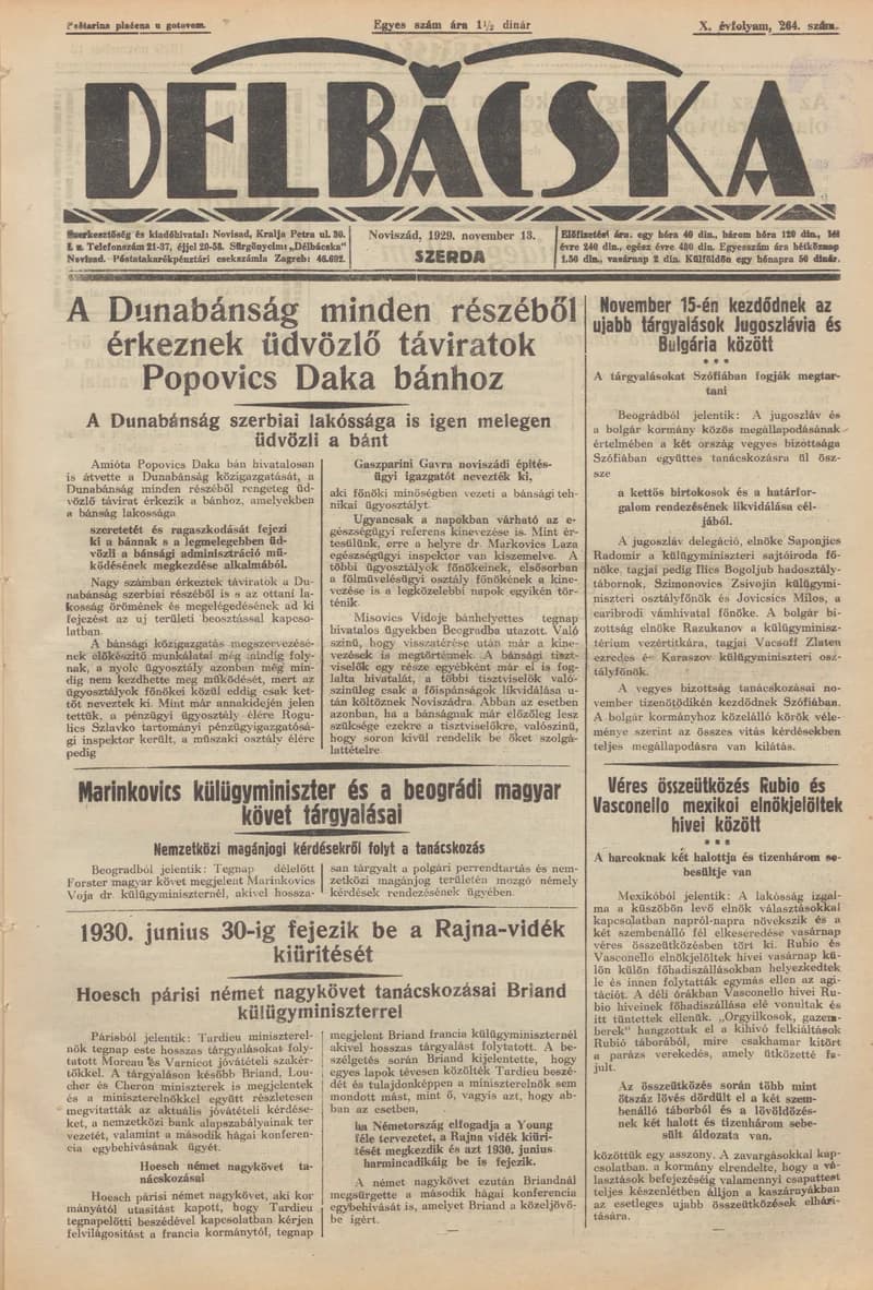 Délbácska, 10. évf. 1929. november 13. 264. sz.