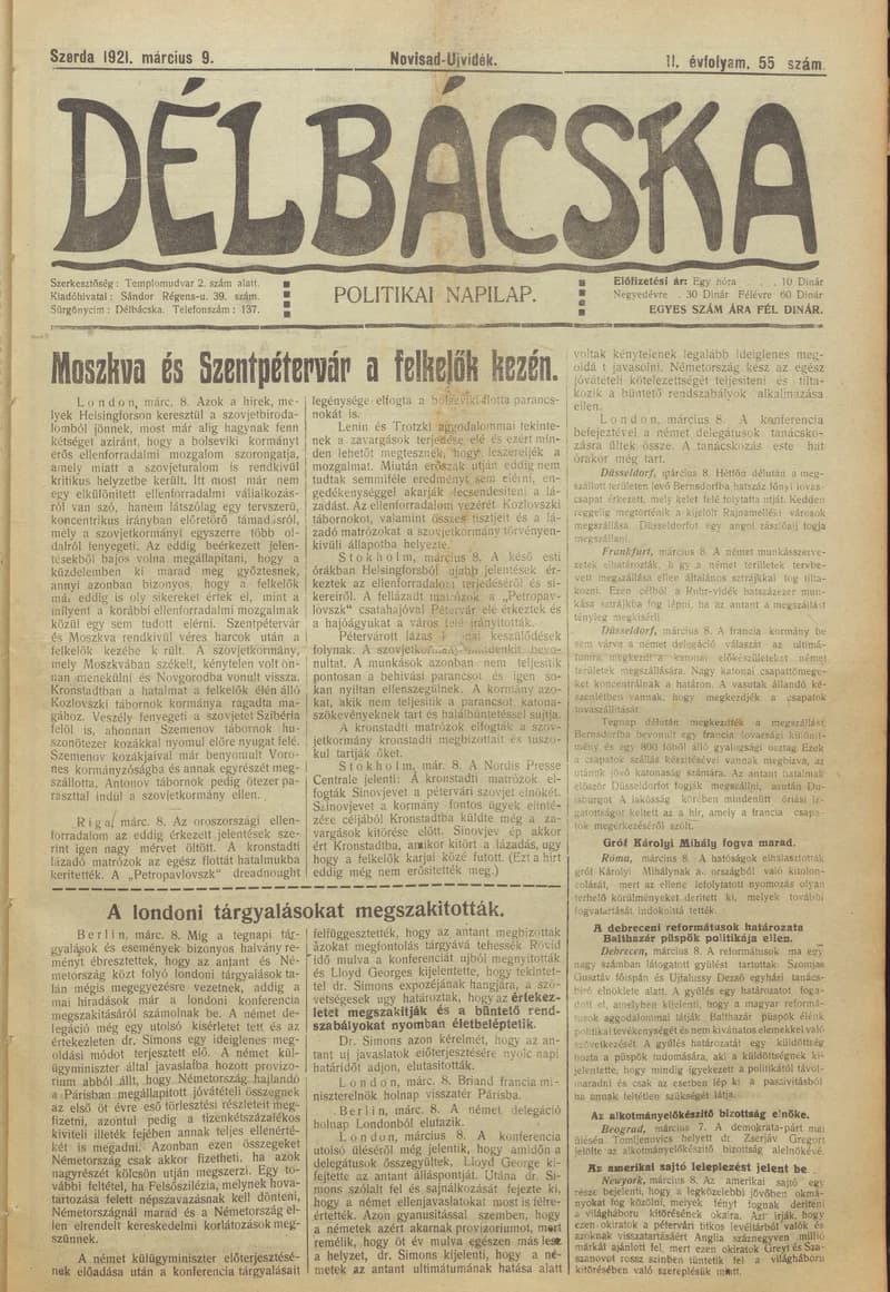 Délbácska, 2. évf. 1921. március 9. 55. sz.