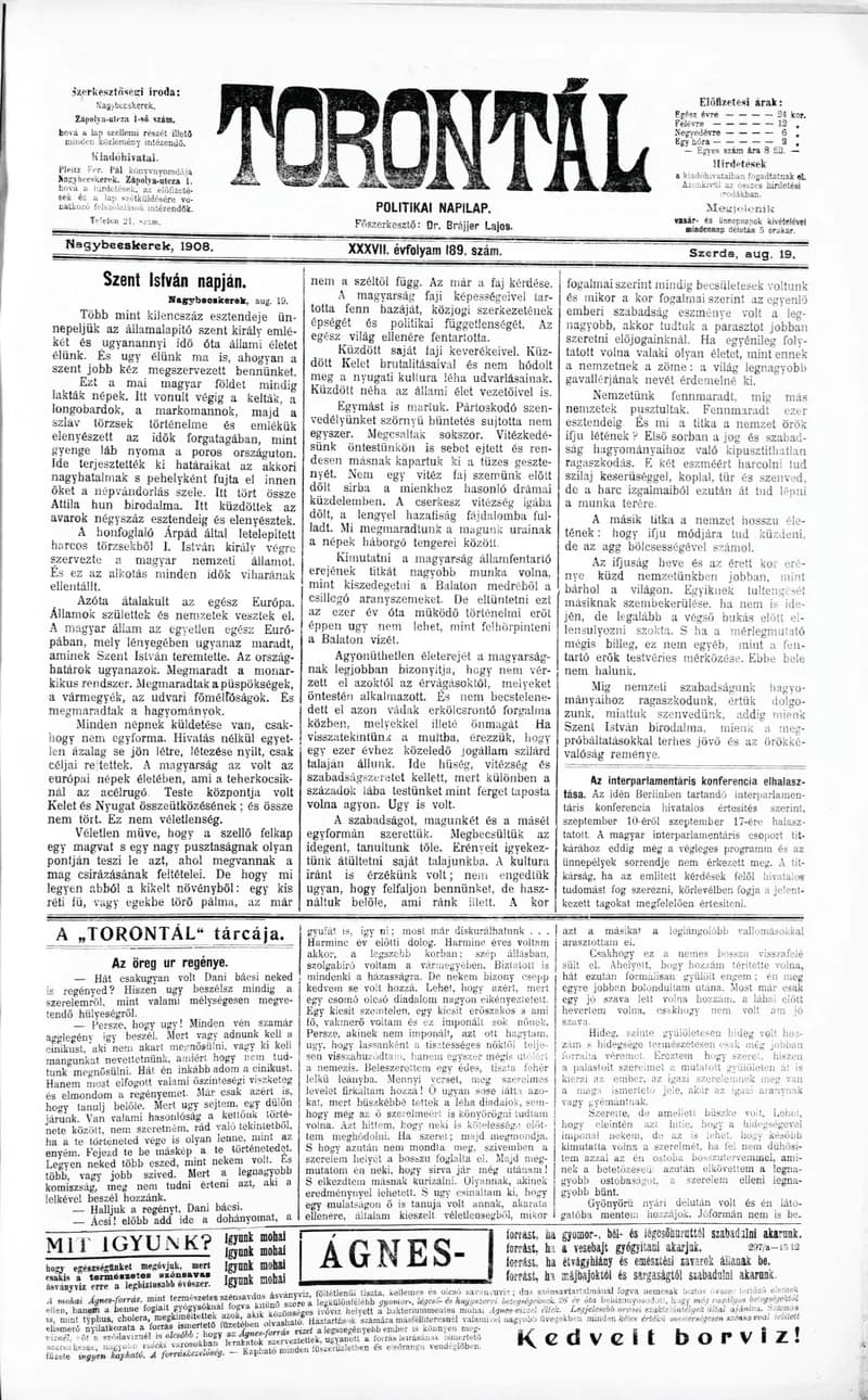 Torontál, 37. évf. 1908. augusztus 19. 189. sz.