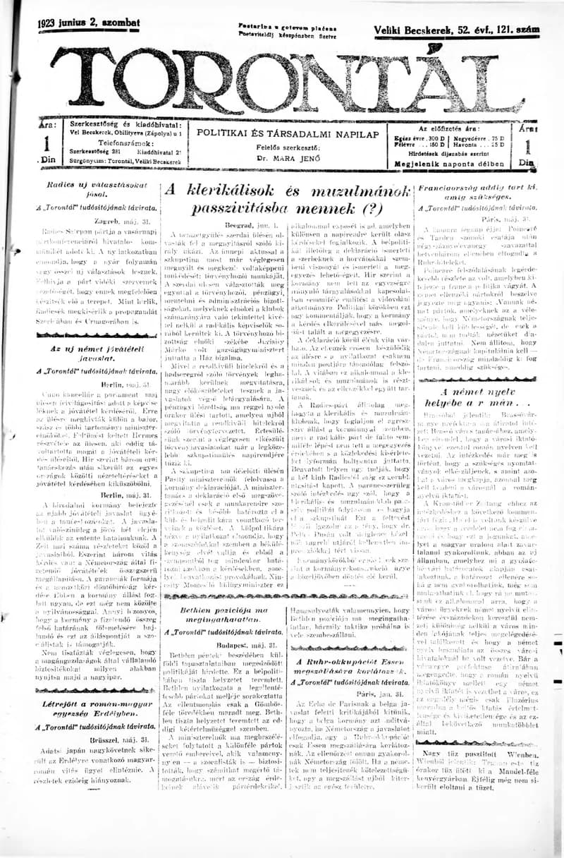 Torontál, 52. évf. 1923. június 2. 121. sz.