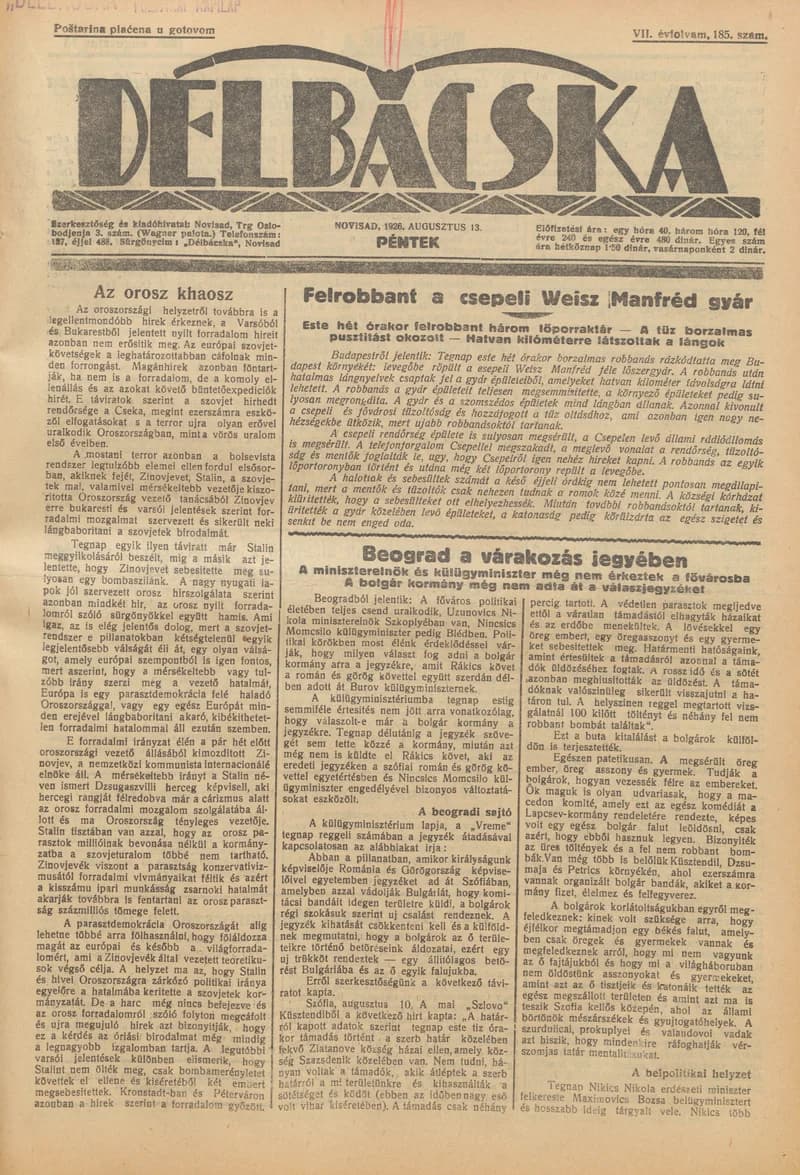 Délbácska, 7. évf. 1926. augusztus 13. 185. sz.