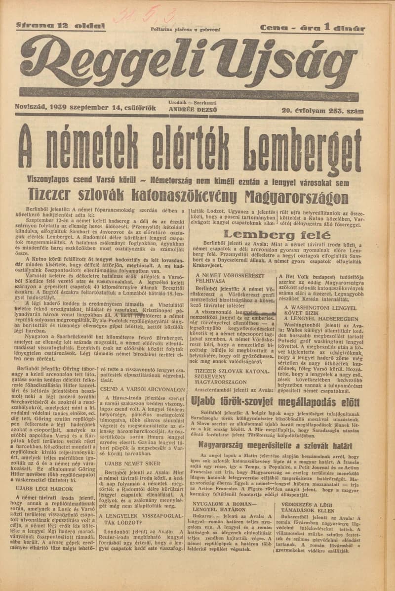 Reggeli Újság, 20. évf. 1939. szeptember 14. 253. sz.