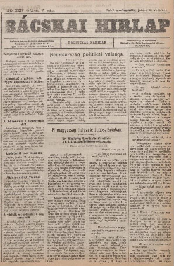 Bácskai Hirlap, 24. évf. 1920. június 13. 87. sz.