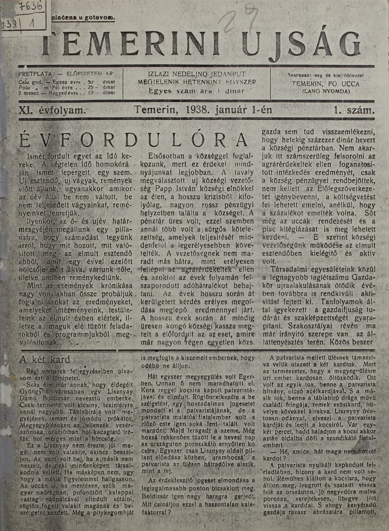 Temerini Újság 1928-1944, 11. évf. 1938. január 1. 1. sz.