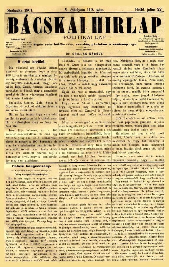 Bácskai Hirlap, 5. évf. 1901. július 22. 110. sz.
