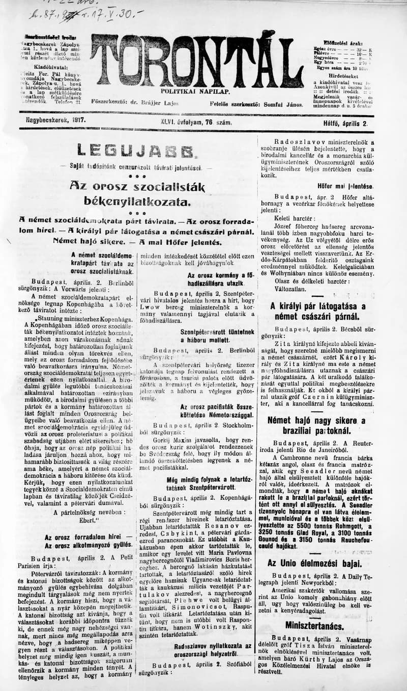 Torontál, 46. évf. 1917. április 2. 76. sz.