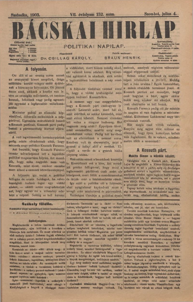 Bácskai Hirlap, 7. évf. 1903. július 4. 152. sz.