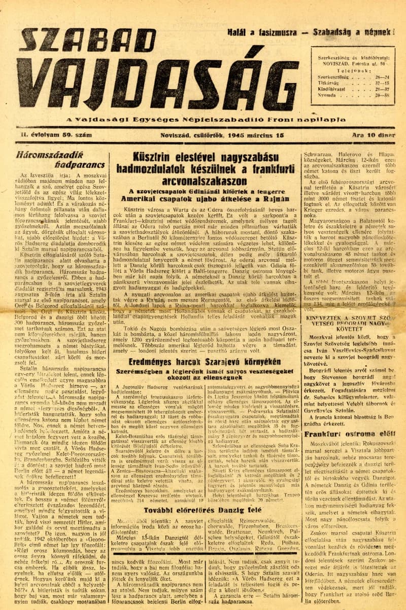 Szabad Vajdaság, 2. évf. 1945. március 15. 59. sz.