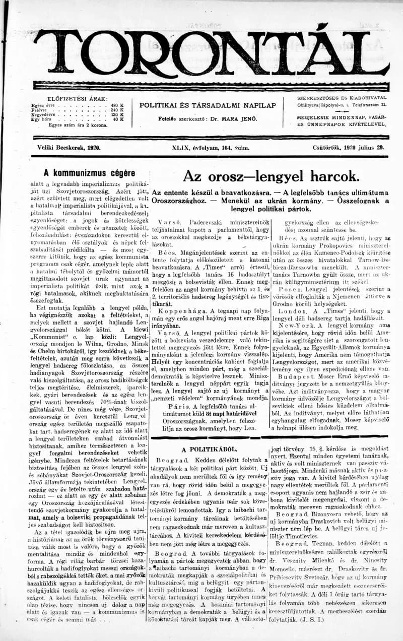 Torontál, 49. évf. 1920. július 29. 164. sz.