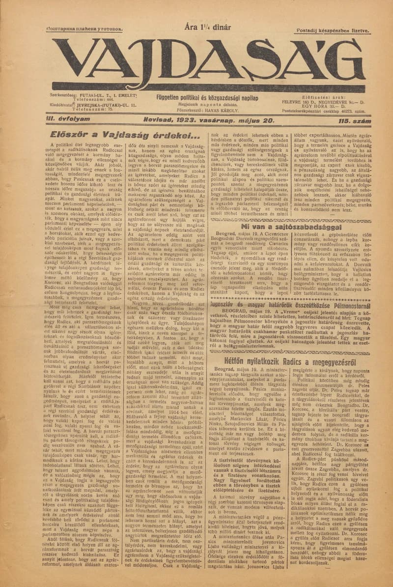 Vajdaság, 3. évf. 1923. május 20. 115. sz.